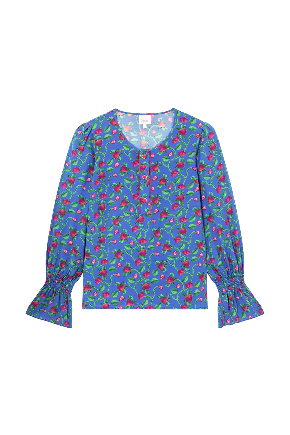 Blouse Flamboyante Fraises Volantes Bleu - Image 7